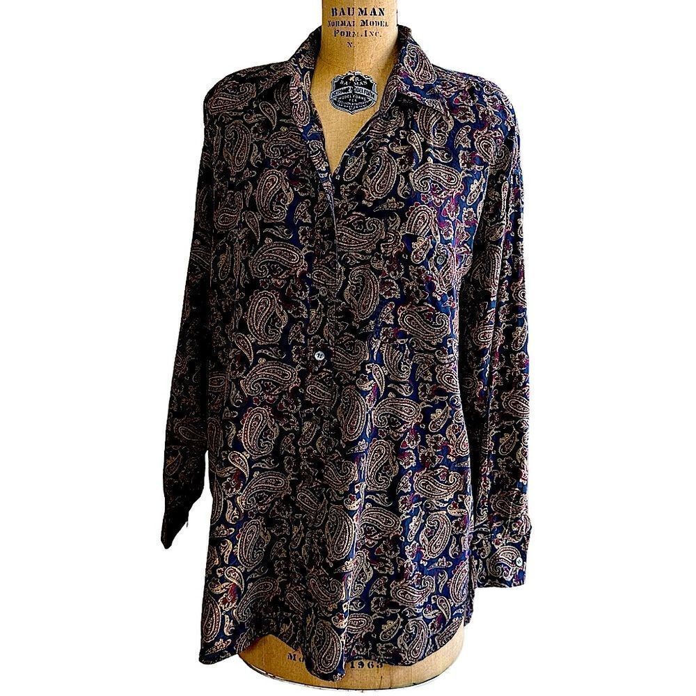 DKNY 90’s Tan, Red and Blue Paisley Silk Button down oversized shirt size medium